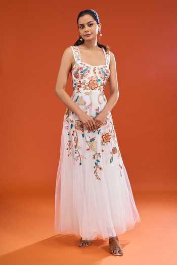 Buy_RANNA GILL_White Net Square Neck Floral Embroidered Dress _at_Aza_Fashions