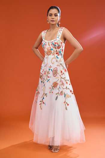Buy_RANNA GILL_White Net Square Neck Floral Embroidered Dress 