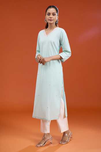 Shop_Mandira Wirk_Green Cotton V-neck Gota Splashed Embroidered Kurta _Online_at_Aza_Fashions