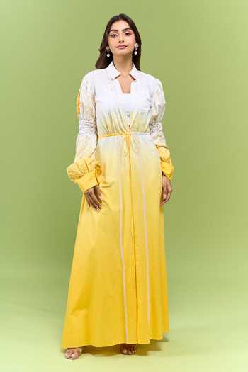 Buy_Shivani Awasty_Yellow Cotton Mandarin Collar Embroidered Sleeve Open Jacket _Online_at_Aza_Fashions