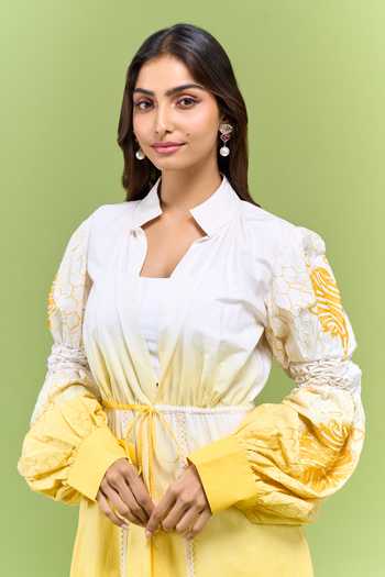 Shop_Shivani Awasty_Yellow Cotton Mandarin Collar Embroidered Sleeve Open Jacket _Online_at_Aza_Fashions