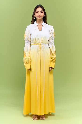 Shivani Awasty_Yellow Cotton Mandarin Collar Embroidered Sleeve Open Jacket _at_Aza_Fashions