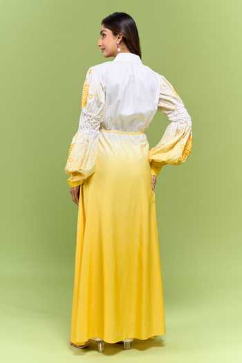 Shivani Awasty_Yellow Cotton Mandarin Collar Embroidered Sleeve Open Jacket _Online_at_Aza_Fashions