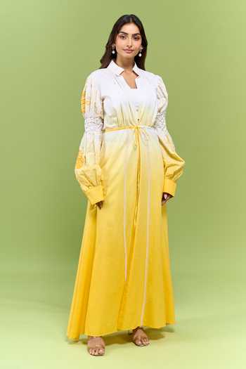 Buy_Shivani Awasty_Yellow Cotton Mandarin Collar Embroidered Sleeve Open Jacket 