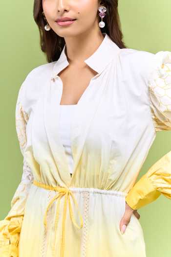 Shop_Shivani Awasty_Yellow Cotton Mandarin Collar Embroidered Sleeve Open Jacket 