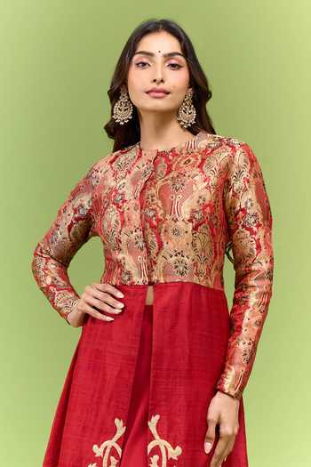 Shop_Varsha Wadhwa_Red Silk Round Neck, Yes Brocade Work Kurta And Skirt Set _Online_at_Aza_Fashions