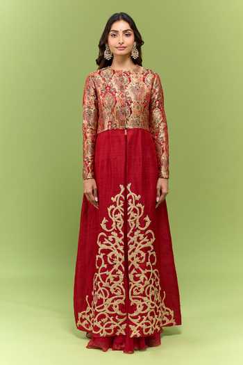 Varsha Wadhwa_Red Silk Round Neck, Yes Brocade Work Kurta And Skirt Set _at_Aza_Fashions