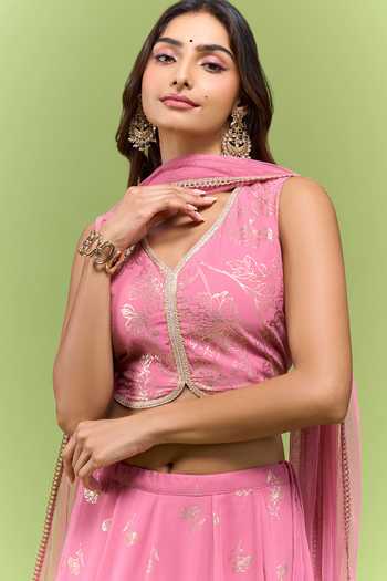 Buy_Varun Bahl_Pink Georgette V-neck Floral Print Lehenga Set _Online_at_Aza_Fashions