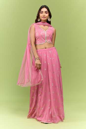 Shop_Varun Bahl_Pink Georgette V-neck Floral Print Lehenga Set _Online_at_Aza_Fashions