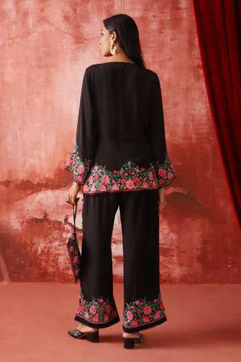 Shop_Studio Rang by Swati_Black Crepe V-neck, Yes Midnight Bloom Angarkha Kurta And Pant Set _at_Aza_Fashions