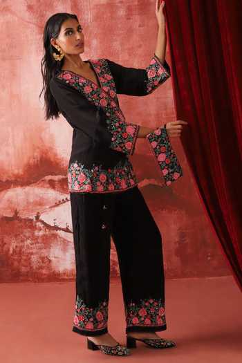 Shop_Studio Rang by Swati_Black Crepe V-neck, Yes Midnight Bloom Angarkha Kurta And Pant Set _Online_at_Aza_Fashions