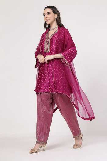 Buy_KAPAAS_Fuchsia Silk, Organza, Tissue V-neck Violet Bandhani Kurta Salwar Set _at_Aza_Fashions