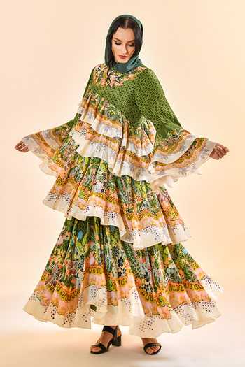 Buy_Bhanuni By Jyoti_Green Viscose Round Neck Moss Shadow Print Maxi Dress _at_Aza_Fashions