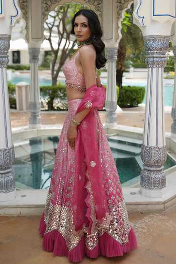 Buy_Archana Kochhar_Pink Silk, Organza Halter Neck, Sweetheart Ainna Embroidered Ombre Lehenga Set _Online_at_Aza_Fashions