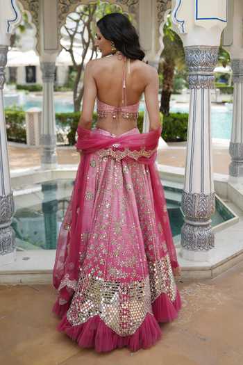 Archana Kochhar_Pink Silk, Organza Halter Neck, Sweetheart Ainna Embroidered Ombre Lehenga Set _Online_at_Aza_Fashions