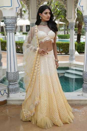 Buy_Archana Kochhar_Yellow Silk, Net Sweetheart Neck Ainna Embroidered Lehenga Set _Online