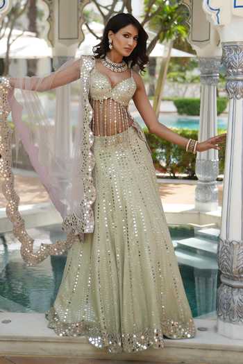 Buy_Archana Kochhar_Green Organza Sweetheart Neck Ainna Mint Mirror Work Lehenga Set _at_Aza_Fashions