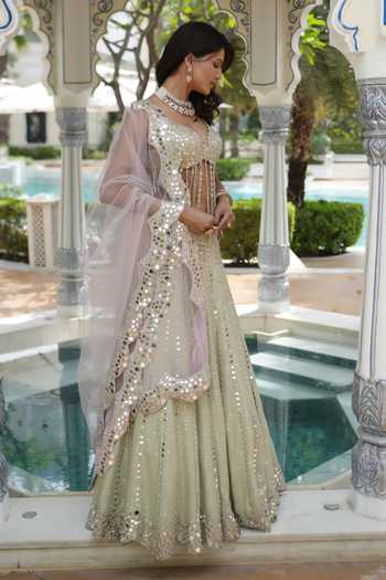 Shop_Archana Kochhar_Green Organza Sweetheart Neck Ainna Mint Mirror Work Lehenga Set _Online