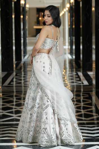 Shop_Archana Kochhar_Ivory Silk, Organza Sweetheart Neck Ainna Mirror Work Lehenga Set _Online_at_Aza_Fashions
