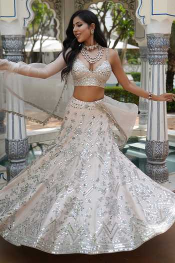 Shop_Archana Kochhar_Ivory Silk, Organza Sweetheart Neck Ainna Mirror Work Lehenga Set _Online