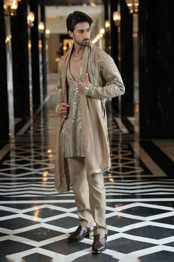 Buy_Archana Kochhar_Brown Silk, Brocade Ainna Ecru Embroidered Kurta Set _Online_at_Aza_Fashions