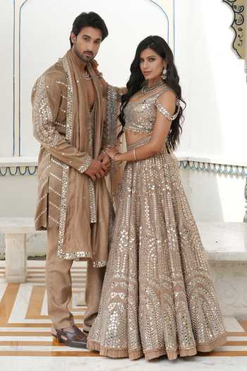 Shop_Archana Kochhar_Brown Silk, Brocade Ainna Ecru Embroidered Kurta Set 