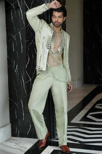 Buy_Archana Kochhar_Green Organza, Silk, Brocade Ainna Mint Open Jacket Kurta Pant Set _at_Aza_Fashions