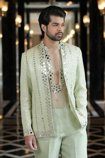 Archana Kochhar_Green Organza, Silk, Brocade Ainna Mint Open Jacket Kurta Pant Set _Online_at_Aza_Fashions