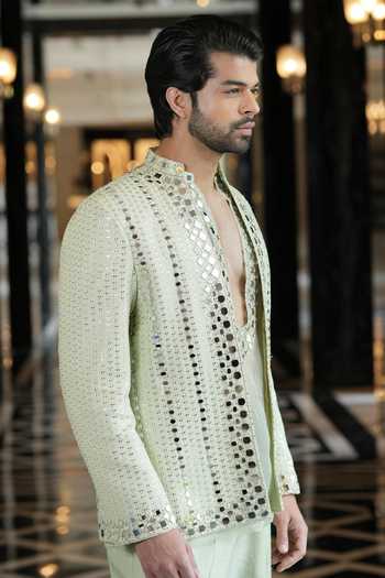 Shop_Archana Kochhar_Green Organza, Silk, Brocade Ainna Mint Open Jacket Kurta Pant Set _Online_at_Aza_Fashions
