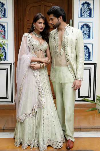Shop_Archana Kochhar_Green Organza, Silk, Brocade Ainna Mint Open Jacket Kurta Pant Set 