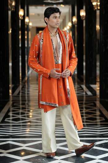 Buy_Archana Kochhar_Orange Silk, Brocade Ainna Embroidered Rust Kurta Set _at_Aza_Fashions