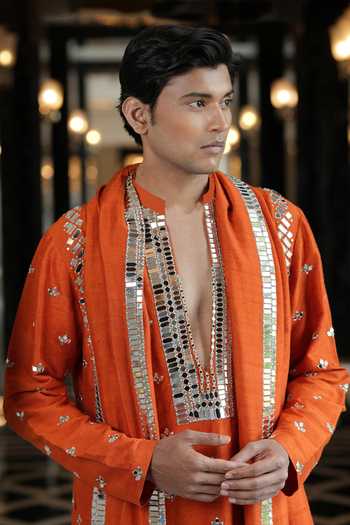 Shop_Archana Kochhar_Orange Silk, Brocade Ainna Embroidered Rust Kurta Set _Online_at_Aza_Fashions