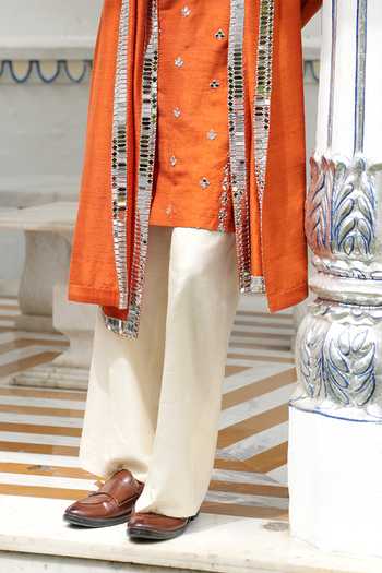 Archana Kochhar_Orange Silk, Brocade Ainna Embroidered Rust Kurta Set _Online
