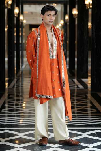Shop_Archana Kochhar_Orange Silk, Brocade Ainna Embroidered Rust Kurta Set _Online
