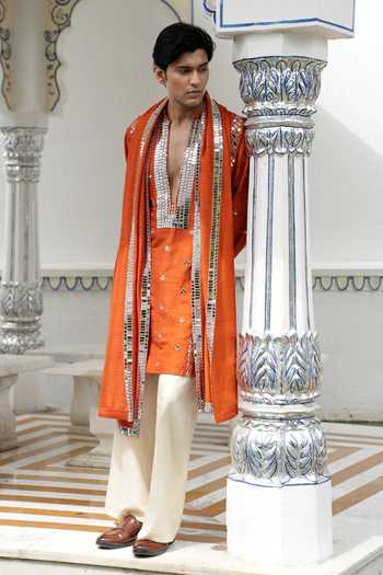 Archana Kochhar_Orange Silk, Brocade Ainna Embroidered Rust Kurta Set _Online_at_Aza_Fashions