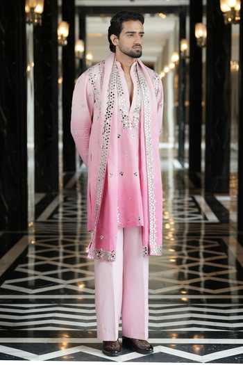 Shop_Archana Kochhar_Pink Silk, Brocade Ainna Embroidered Ombre Kurta Set _at_Aza_Fashions