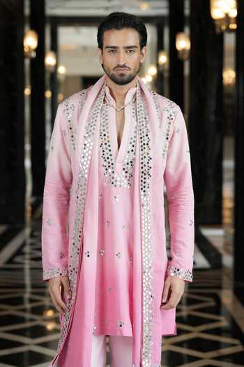 Archana Kochhar_Pink Silk, Brocade Ainna Embroidered Ombre Kurta Set _Online_at_Aza_Fashions