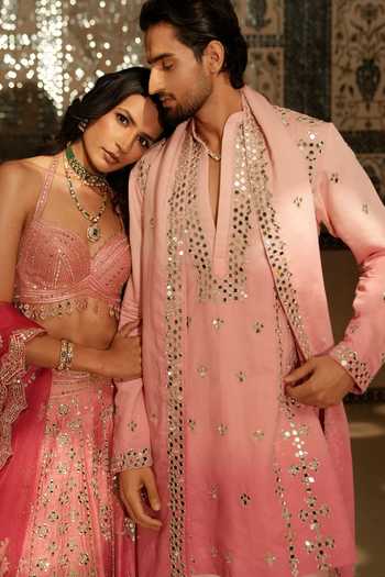 Shop_Archana Kochhar_Pink Silk, Brocade Ainna Embroidered Ombre Kurta Set _Online_at_Aza_Fashions