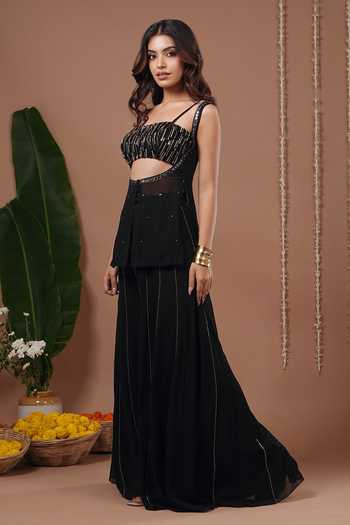 Shop_Ahi Clothing_Black Georgette, Crepe Sequins, Beads Square Embroidered Short Kurta Palazzo Set _Online_at_Aza_Fashions