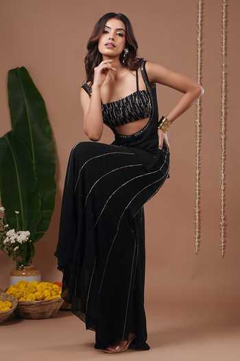 Ahi Clothing_Black Georgette, Crepe Sequins, Beads Square Embroidered Short Kurta Palazzo Set _at_Aza_Fashions