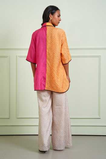 Shop_Twenty Nine_Pink Silk Collared Neck Crushed Bandhani Shirt _at_Aza_Fashions