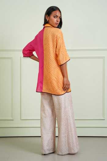 Shop_Twenty Nine_Pink Silk Collared Neck Crushed Bandhani Shirt _Online_at_Aza_Fashions