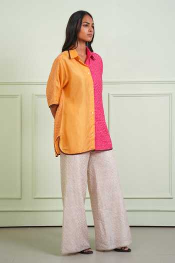 Twenty Nine_Pink Silk Collared Neck Crushed Bandhani Shirt _at_Aza_Fashions