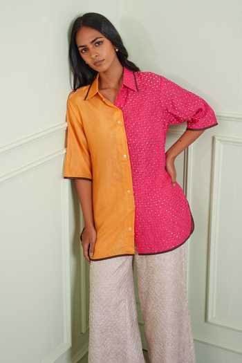 Buy_Twenty Nine_Pink Silk Collared Neck Crushed Bandhani Shirt 