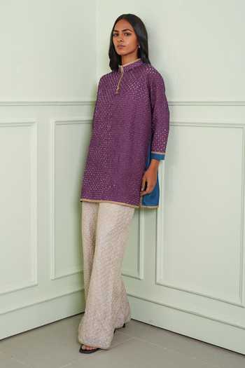 Buy_Twenty Nine_Blue Silk Mandarin Collar Crushed Bandhani Short Shirt Kurta _Online_at_Aza_Fashions