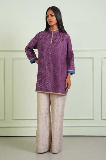 Twenty Nine_Blue Silk Mandarin Collar Crushed Bandhani Short Shirt Kurta _at_Aza_Fashions