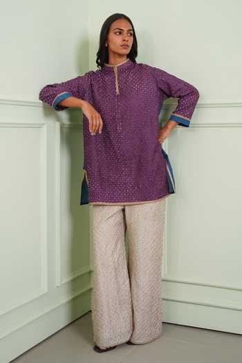 Buy_Twenty Nine_Blue Silk Mandarin Collar Crushed Bandhani Short Shirt Kurta 