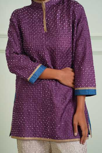Shop_Twenty Nine_Blue Silk Mandarin Collar Crushed Bandhani Short Shirt Kurta 
