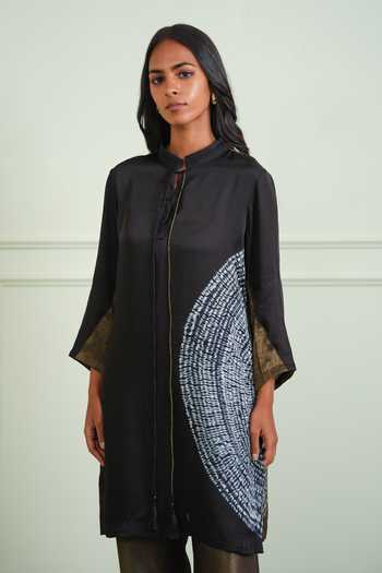 Buy_Twenty Nine_Black Tissue, Modal Mandarin Collar Shibori Shirt Kurta _at_Aza_Fashions