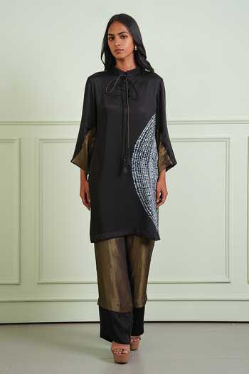 Buy_Twenty Nine_Black Tissue, Modal Mandarin Collar Shibori Shirt Kurta _Online_at_Aza_Fashions